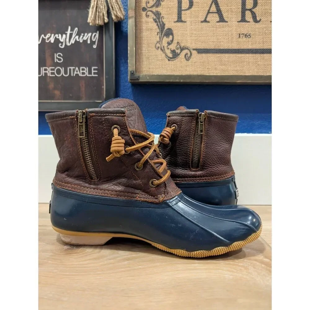 Sperry Duck Boots Women’s 9 Brown Leather & Navy Rubber Waterproof Rain Boots EU